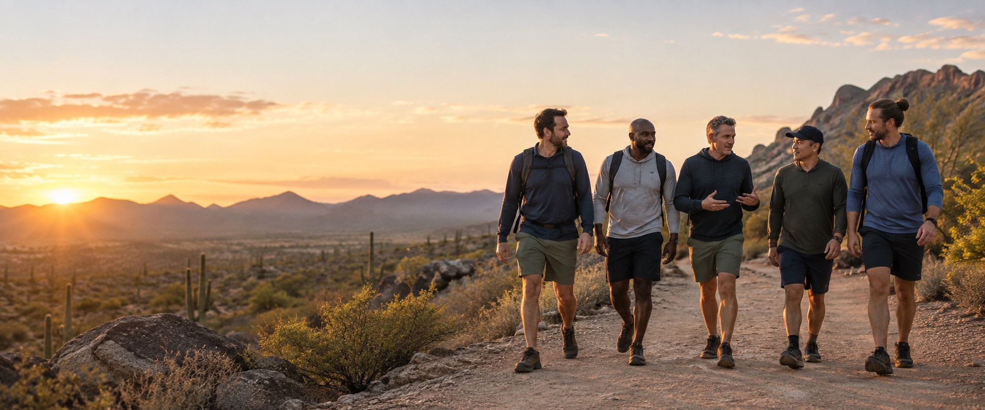 A group of men walking together on a desert trail at sunrise